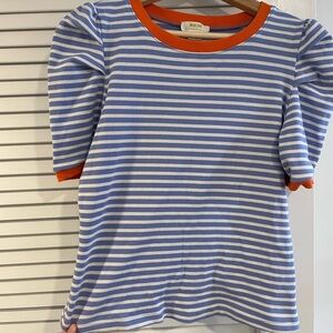 Maeve by Anthropologie Blue and White Striped Top with Orange Accents
